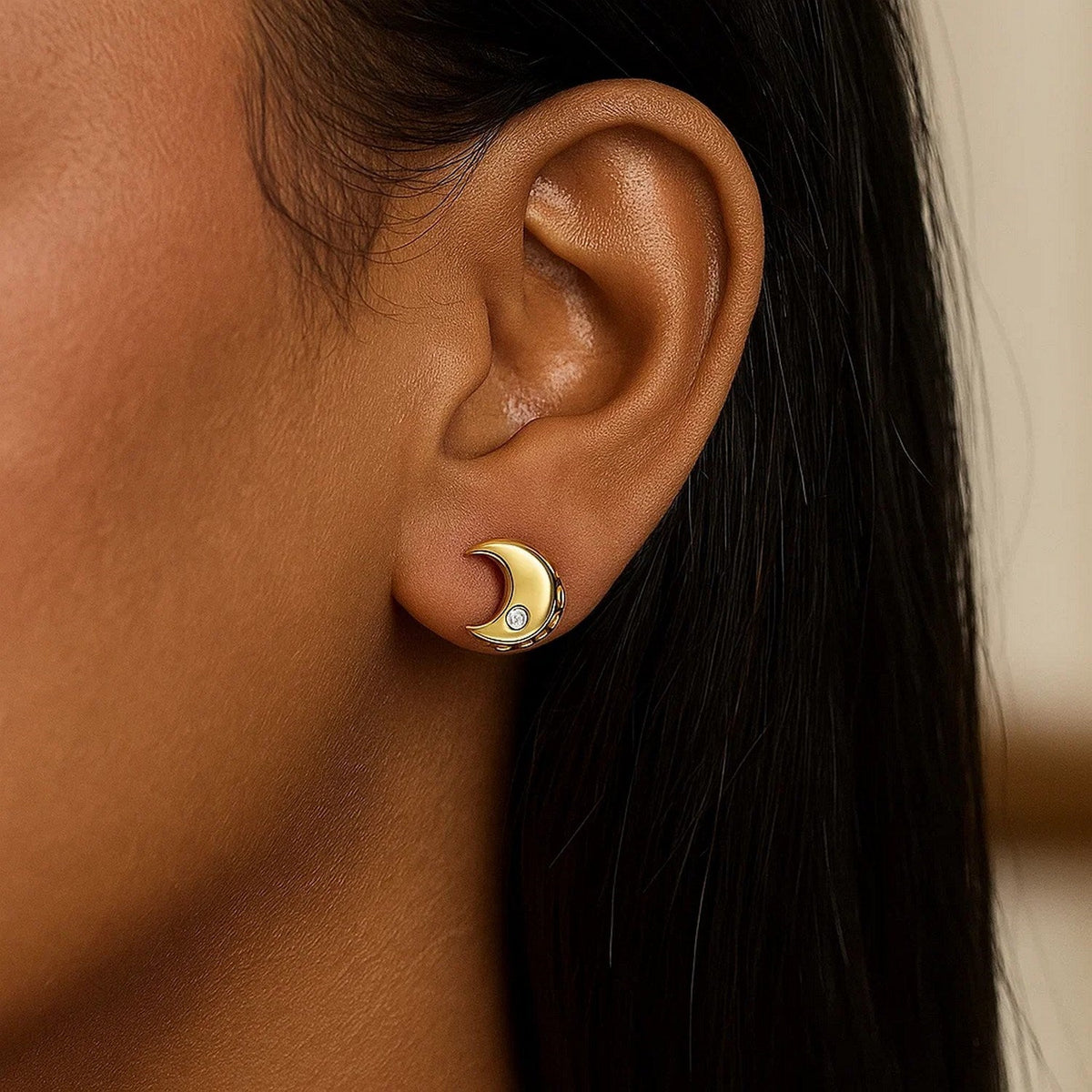 14k Yellow Gold Polished Moon Earrings with Diamonds - LinkagejewelrydesignLinkagejewelrydesign