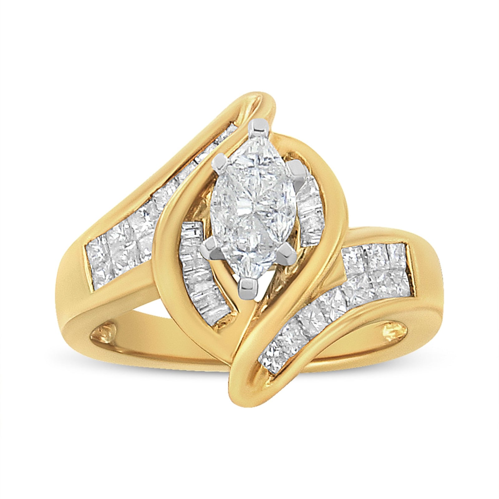 14K Yellow Gold Princess, Baguette, and Pie cut Diamond Marquise Shaped Ring (1 1/4 Cttw, G - H Color, SI1 - SI2 Clarity) - LinkagejewelrydesignLinkagejewelrydesign