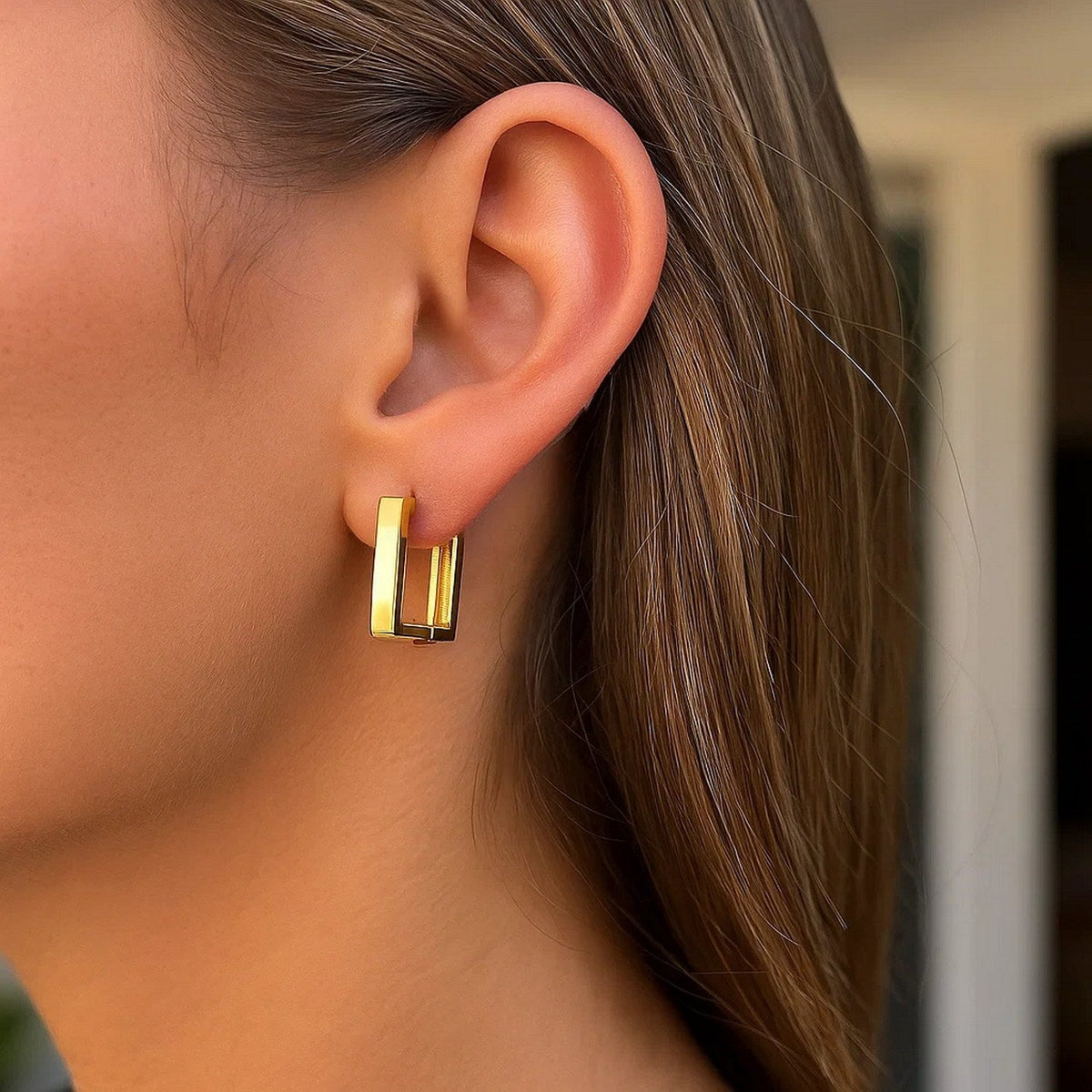 14k Yellow Gold Rectangle Huggie Hoops - LinkagejewelrydesignLinkagejewelrydesign