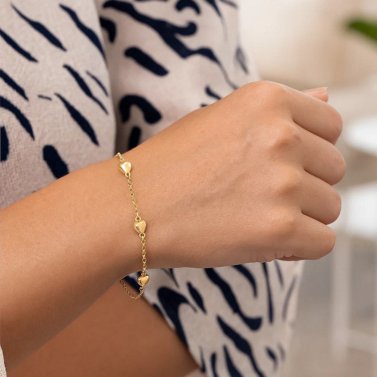 14k Yellow Gold Rolo Chain Bracelet with Puffed Heart Stations (3.30 mm) - LinkagejewelrydesignLinkagejewelrydesign