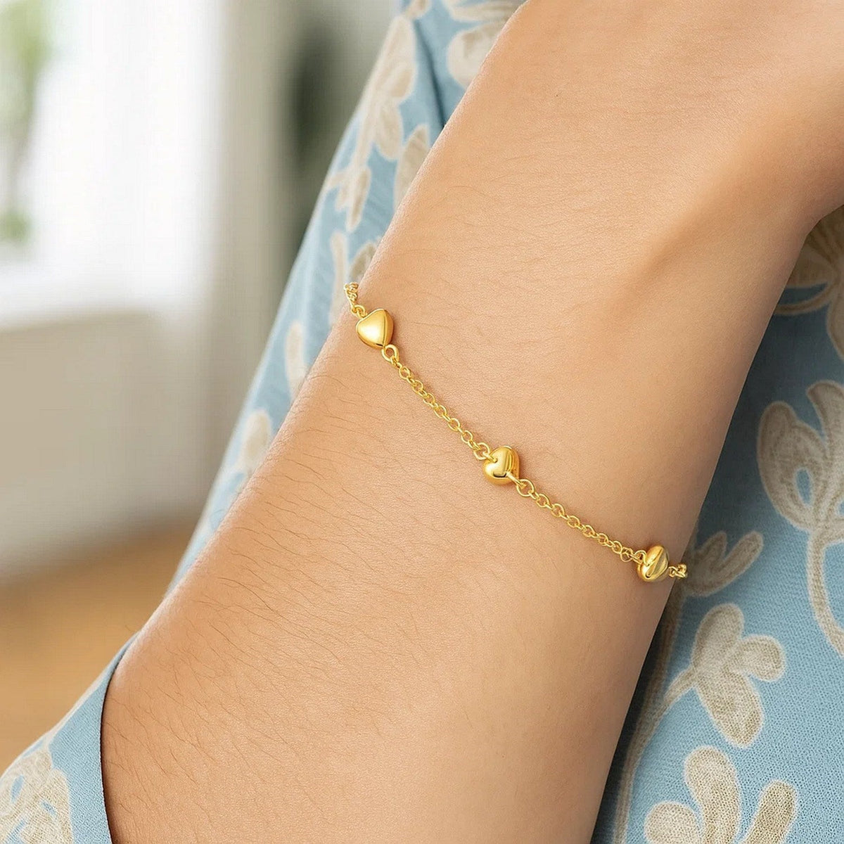 14k Yellow Gold Rolo Chain Bracelet with Puffed Heart Stations (3.30 mm) - LinkagejewelrydesignLinkagejewelrydesign