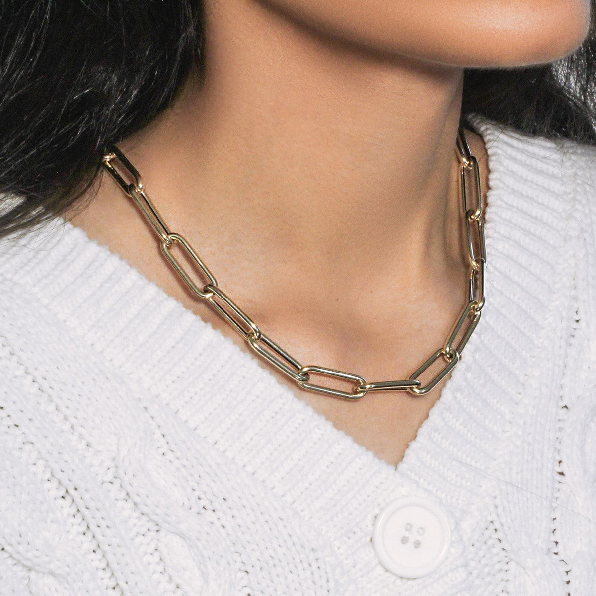 14k Yellow Gold Rounded Paperclip Chain Necklace - LinkagejewelrydesignLinkagejewelrydesign