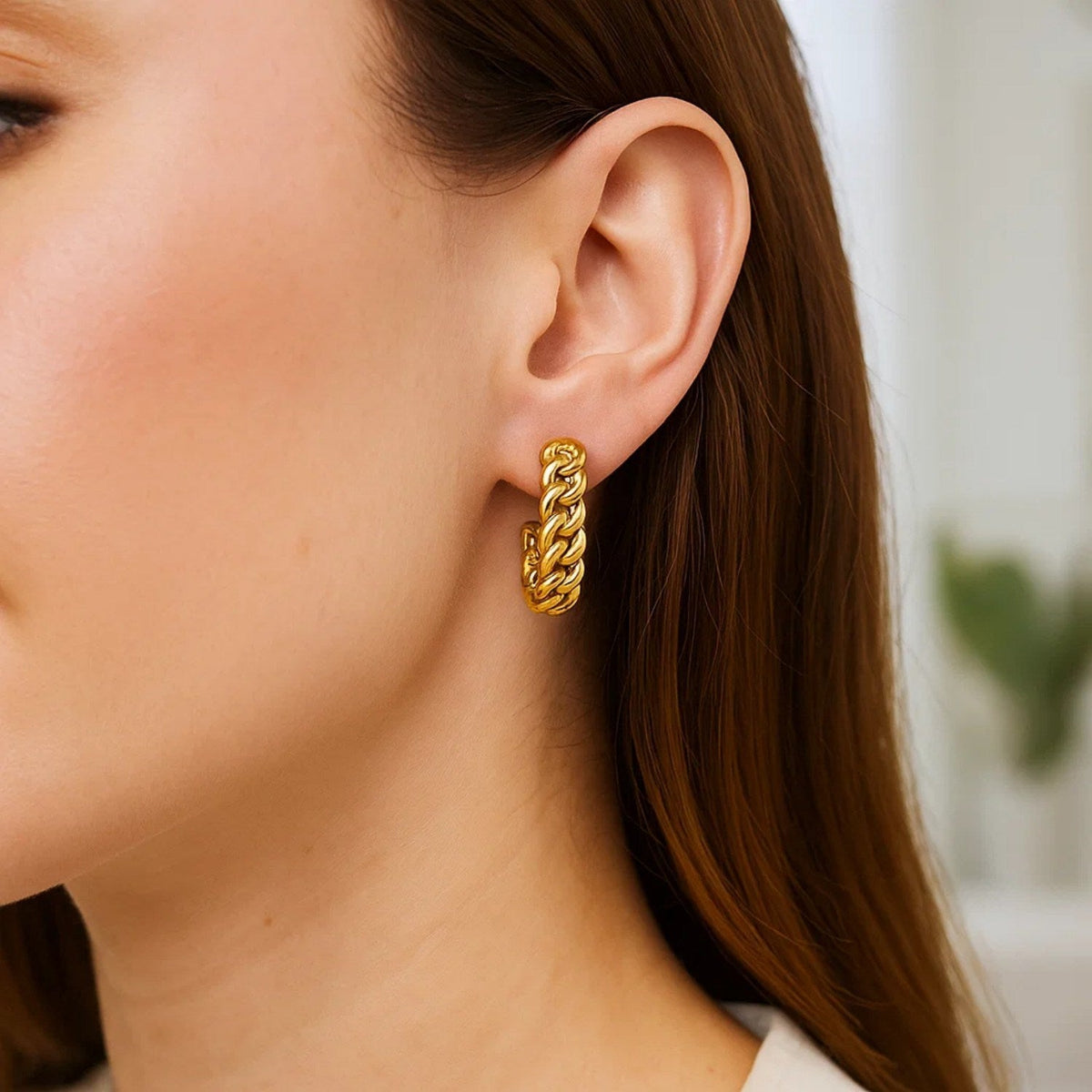 14K Yellow Gold Slender Curb Chain Hoop Earrings - LinkagejewelrydesignLinkagejewelrydesign