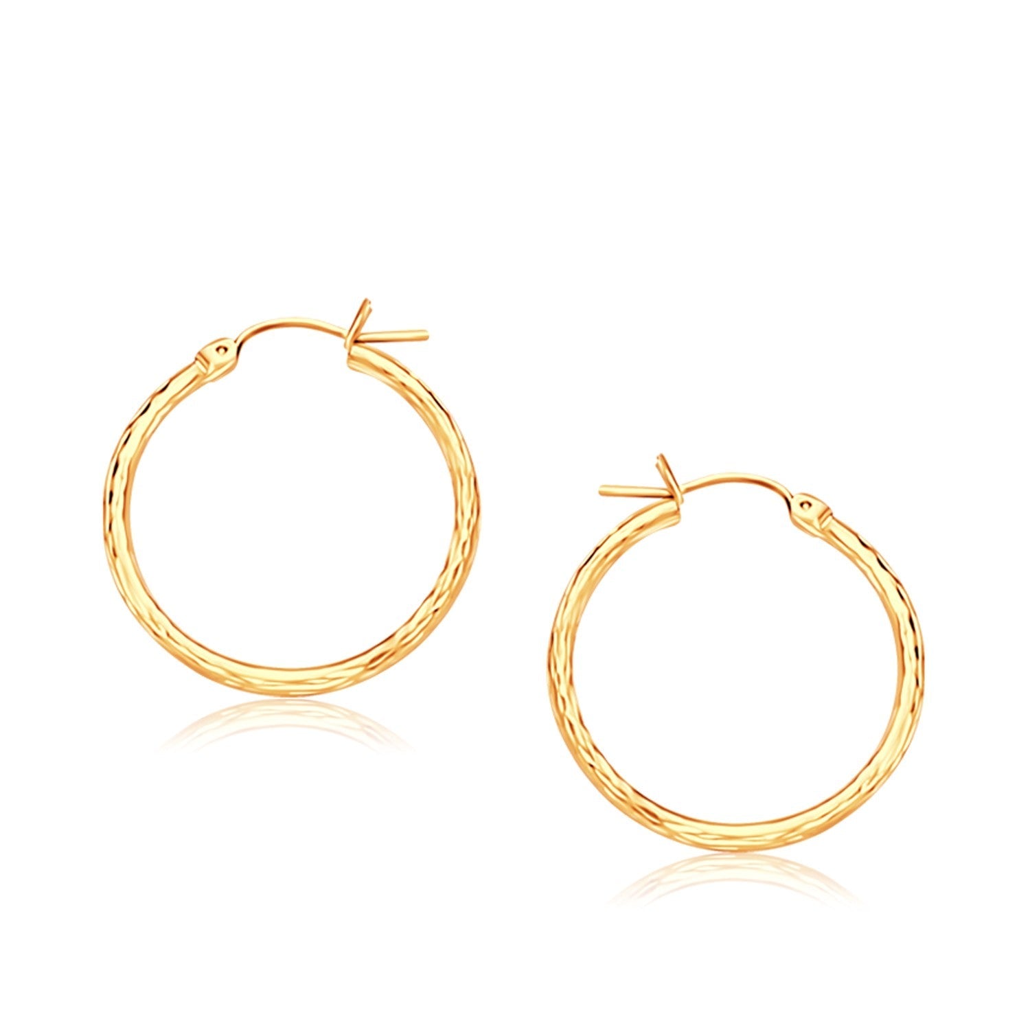 14k Yellow Gold Slender Hoop Earring with Diamond - Cut Finish (25mm Diameter) - LinkagejewelrydesignLinkagejewelrydesign