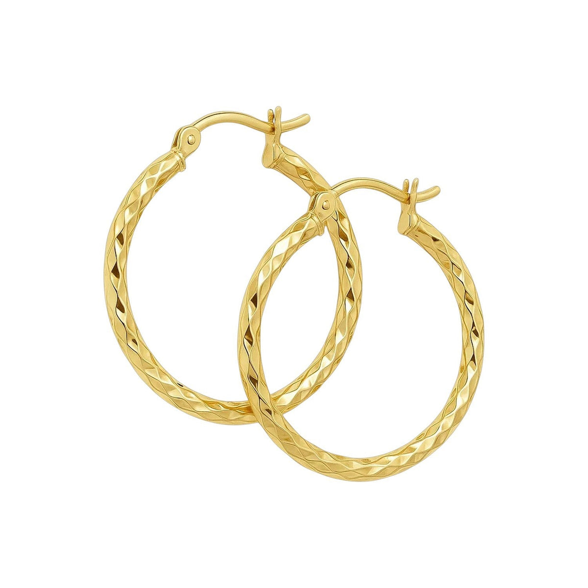 14k Yellow Gold Slender Hoop Earring with Diamond - Cut Finish (25mm Diameter) - LinkagejewelrydesignLinkagejewelrydesign