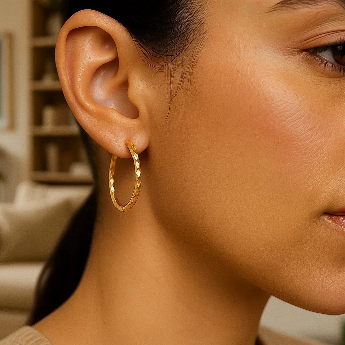 14k Yellow Gold Slender Hoop Earring with Diamond - Cut Finish (25mm Diameter) - LinkagejewelrydesignLinkagejewelrydesign