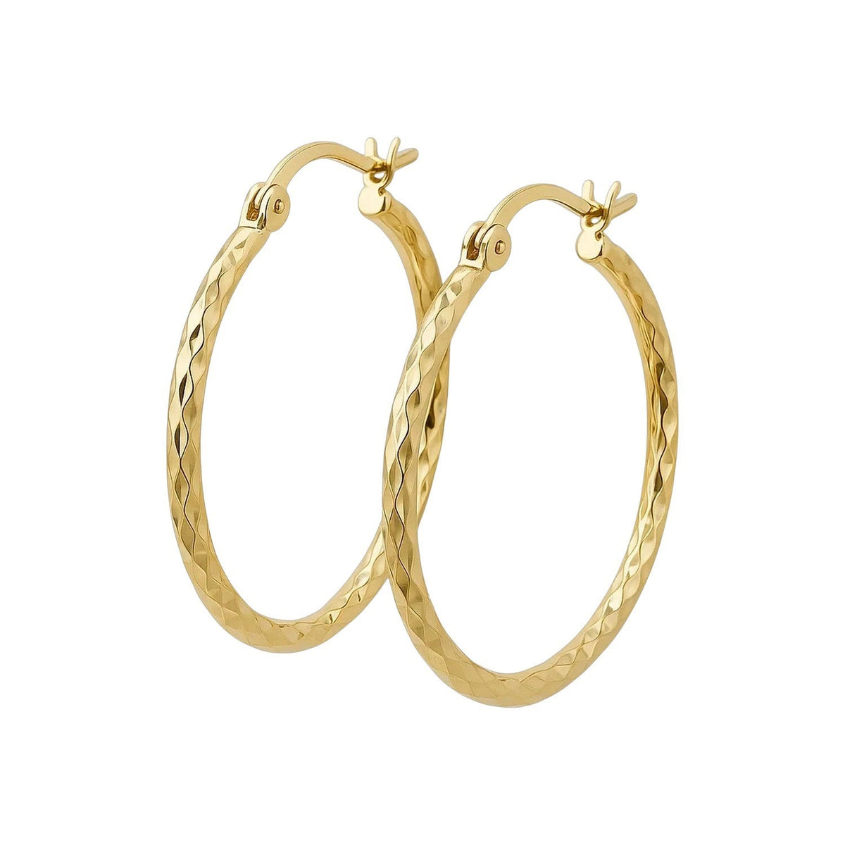 14k Yellow Gold Slender Hoop Earring with Diamond - Cut Finish (25mm Diameter) - LinkagejewelrydesignLinkagejewelrydesign