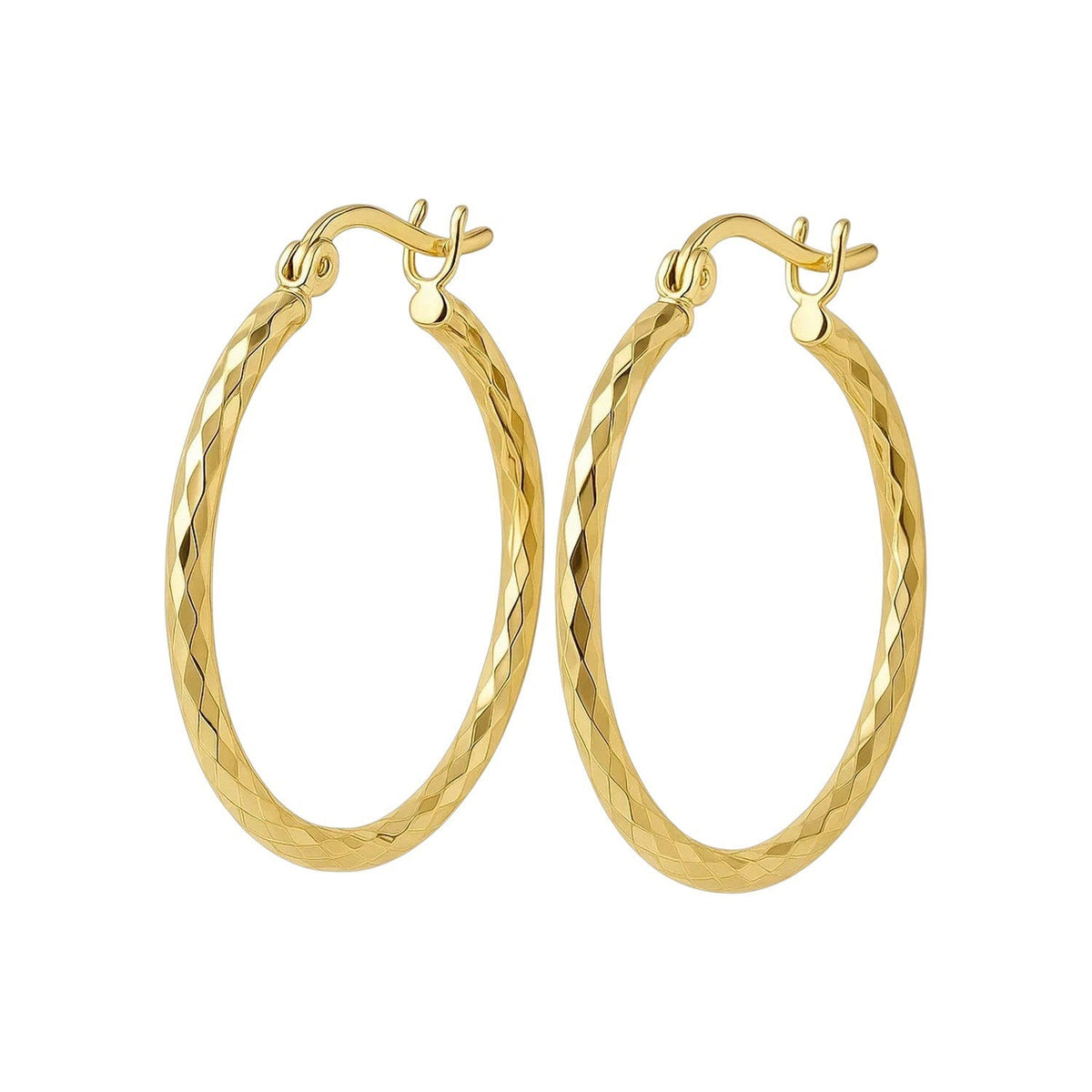 14k Yellow Gold Slender Hoop Earring with Diamond - Cut Finish (25mm Diameter) - LinkagejewelrydesignLinkagejewelrydesign