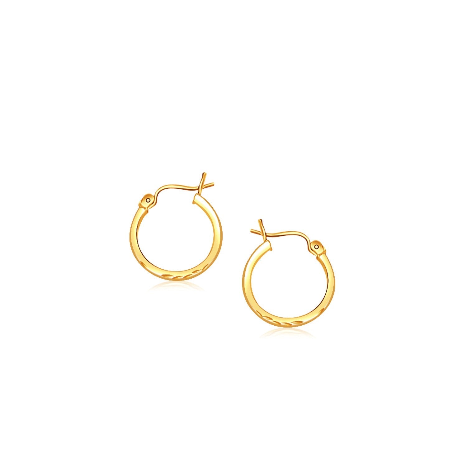 14k Yellow Gold Slender Hoop Earring with Diamond - Cut Finish (2x15mm) - LinkagejewelrydesignLinkagejewelrydesign