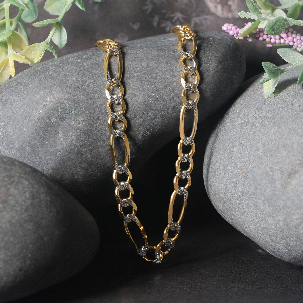 14K Yellow Gold Solid Pave Figaro Chain (5.90 mm) - LinkagejewelrydesignLinkagejewelrydesign