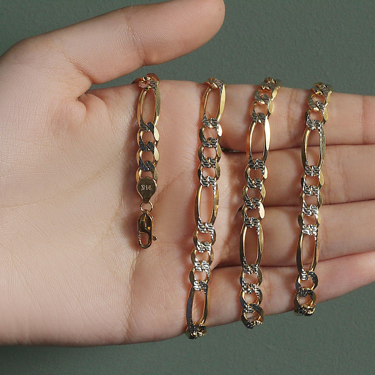 14K Yellow Gold Solid Pave Figaro Chain (7.00 mm) - LinkagejewelrydesignLinkagejewelrydesign