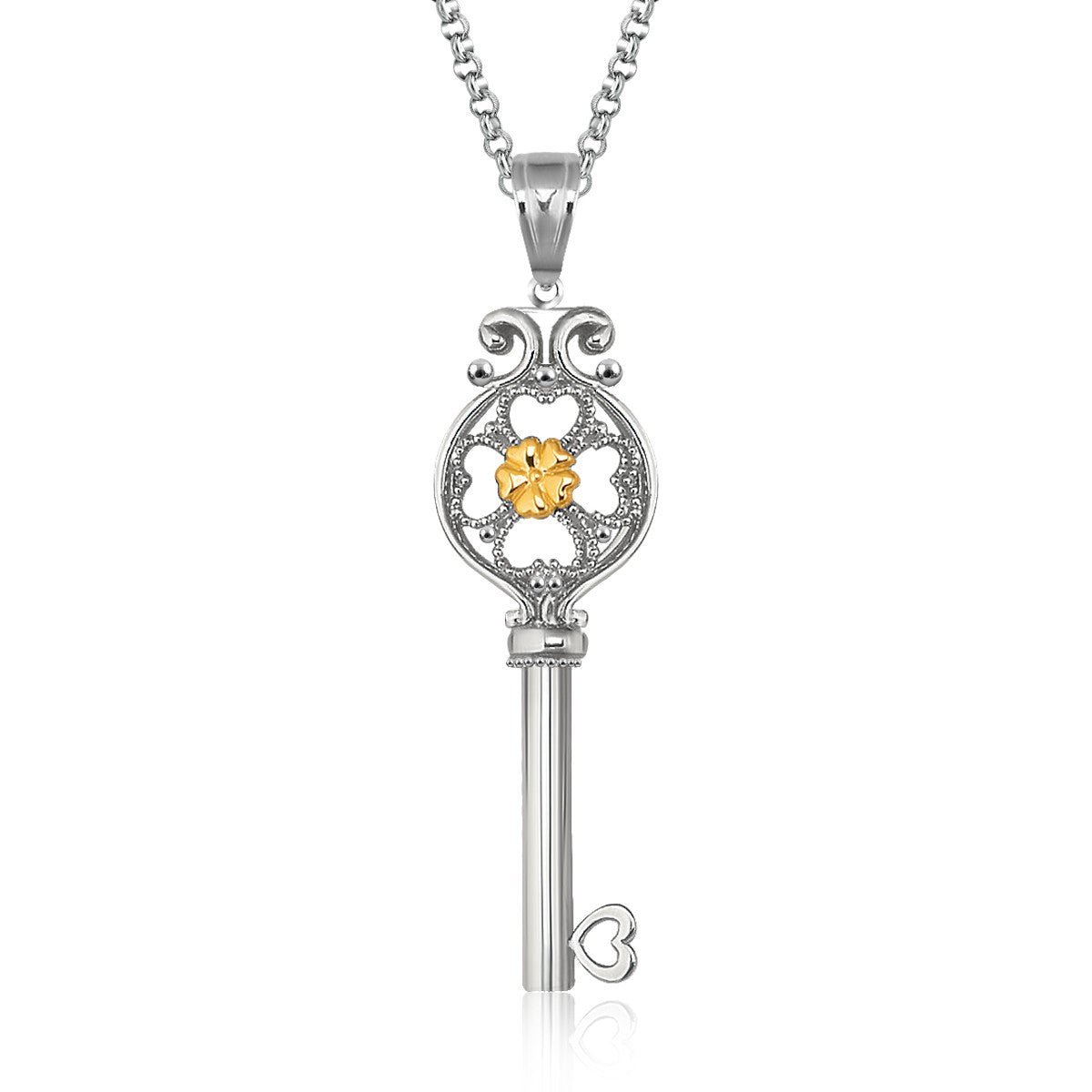 14K Yellow Gold & Sterling Silver Designer Floral Key Pendant - LinkagejewelrydesignLinkagejewelrydesign