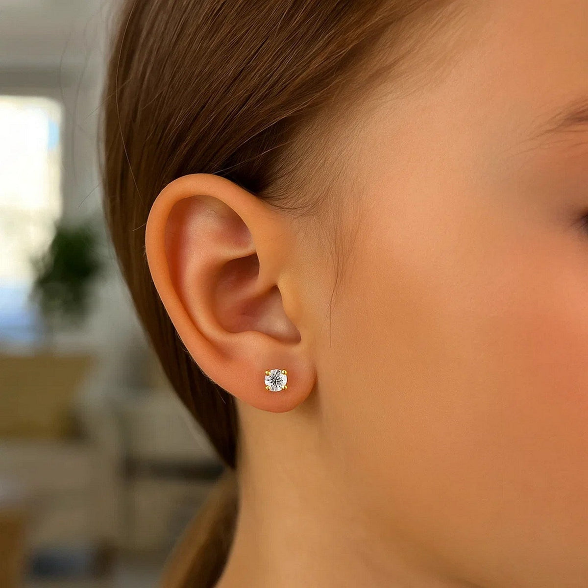 14k Yellow Gold Stud Earrings with Faceted White Cubic Zirconia - LinkagejewelrydesignLinkagejewelrydesign