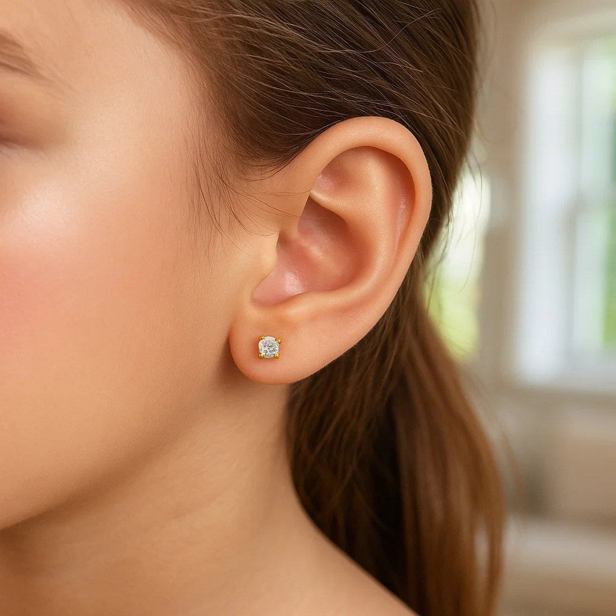 14k Yellow Gold Stud Earrings with Faceted White Cubic Zirconia - LinkagejewelrydesignLinkagejewelrydesign