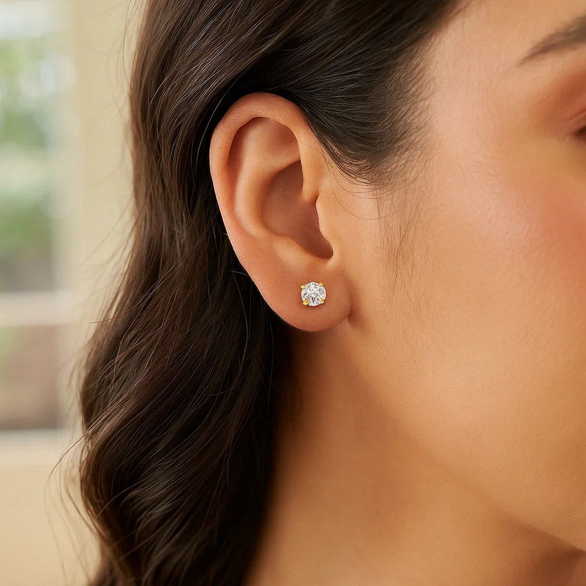 14k Yellow Gold Stud Earrings with White Hue Faceted Cubic Zirconia - LinkagejewelrydesignLinkagejewelrydesign