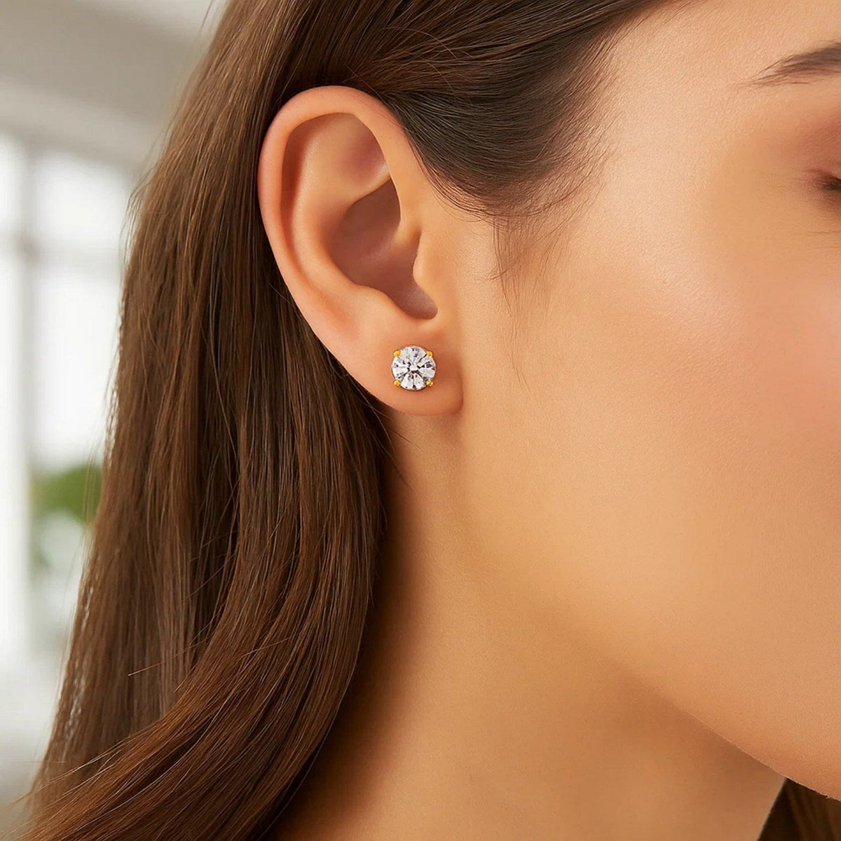 14k Yellow Gold Stud Earrings with White Hue Faceted Cubic Zirconia(6mm) - LinkagejewelrydesignLinkagejewelrydesign