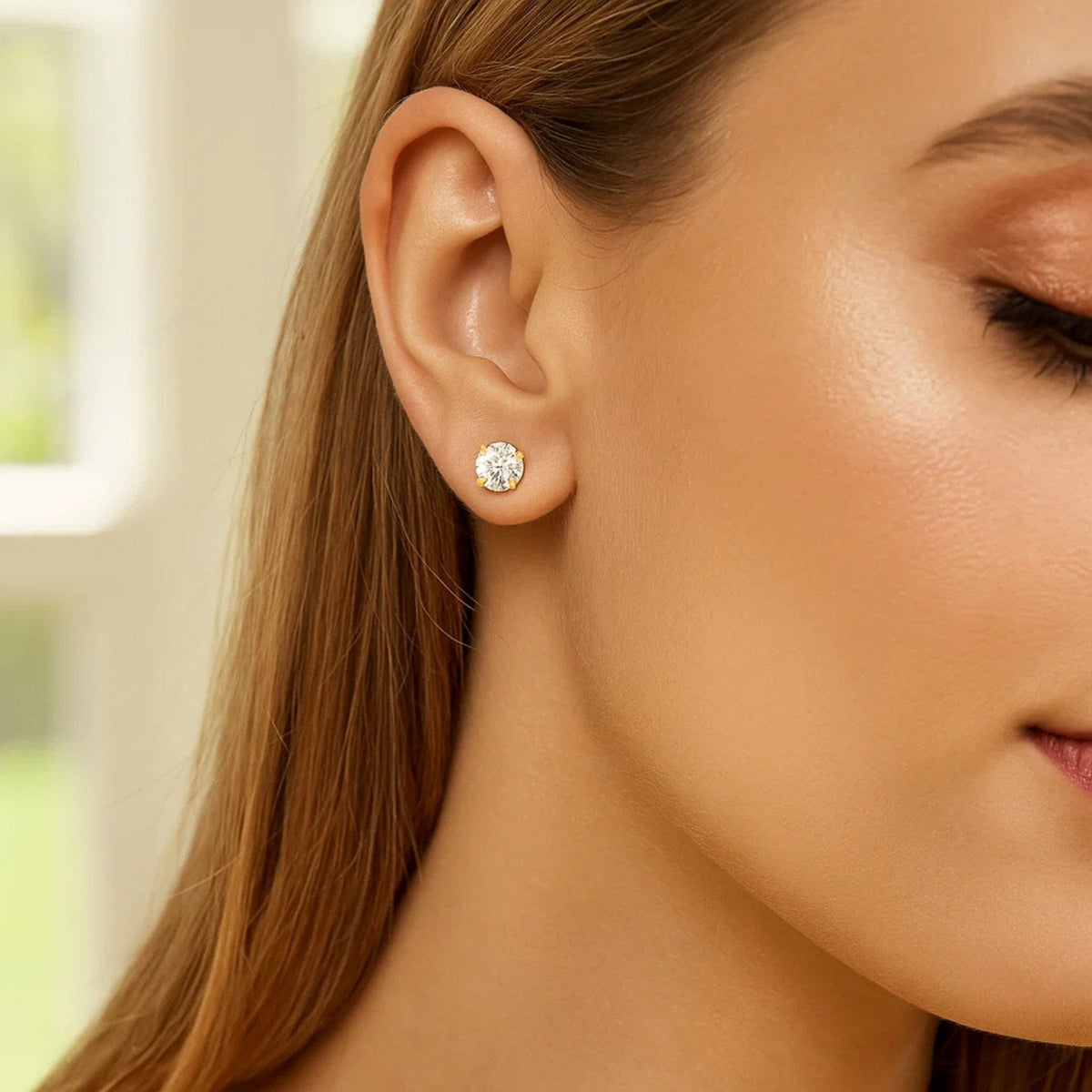 14k Yellow Gold Stud Earrings with White Hue Faceted Cubic Zirconia(6mm) - LinkagejewelrydesignLinkagejewelrydesign