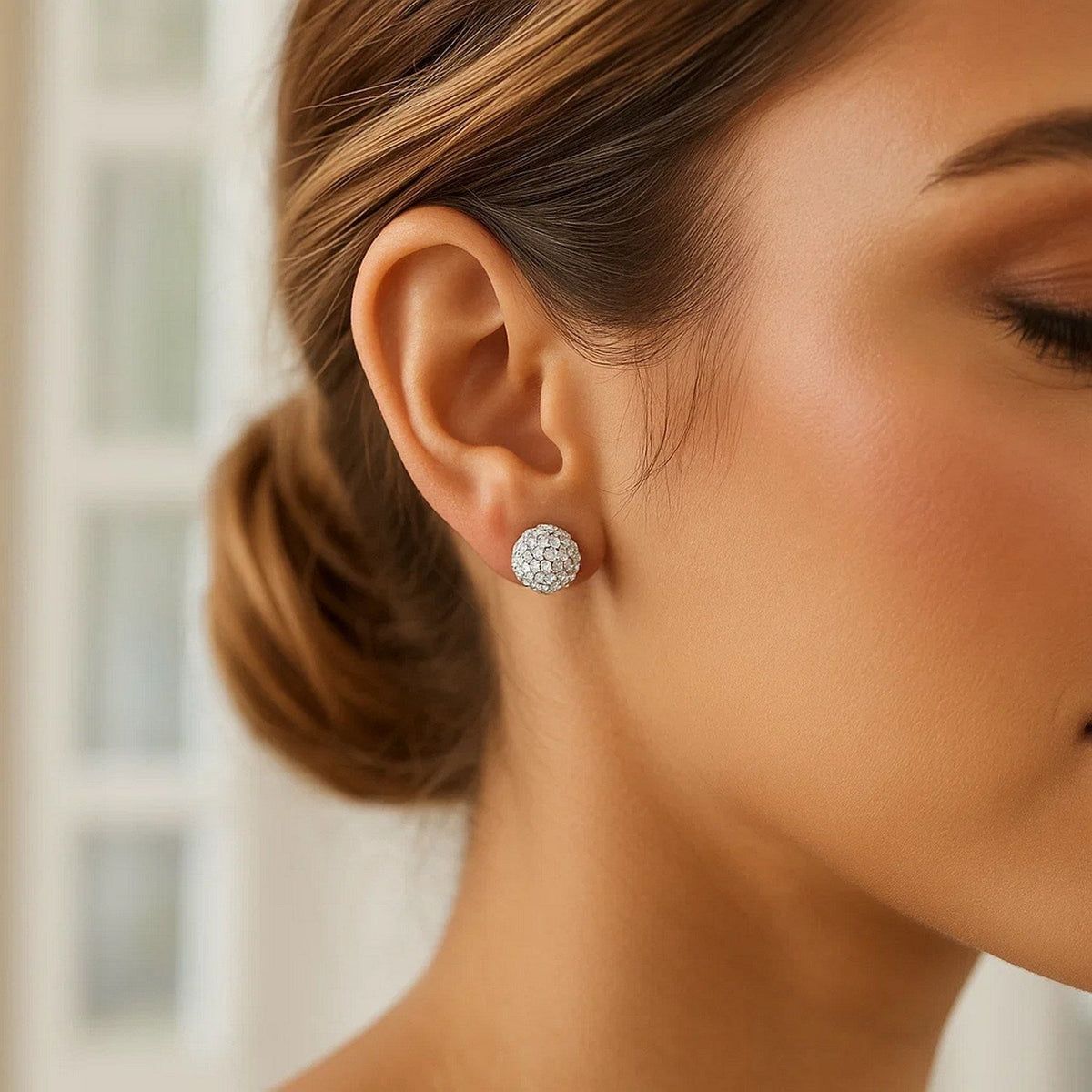 14k Yellow Gold Stud White Crystal Ball Earrings - LinkagejewelrydesignLinkagejewelrydesign