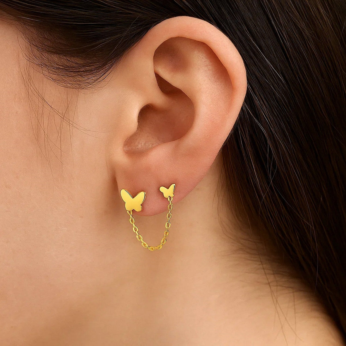 14k Yellow Gold Two Hole Post Earrings with Butterflies - LinkagejewelrydesignLinkagejewelrydesign