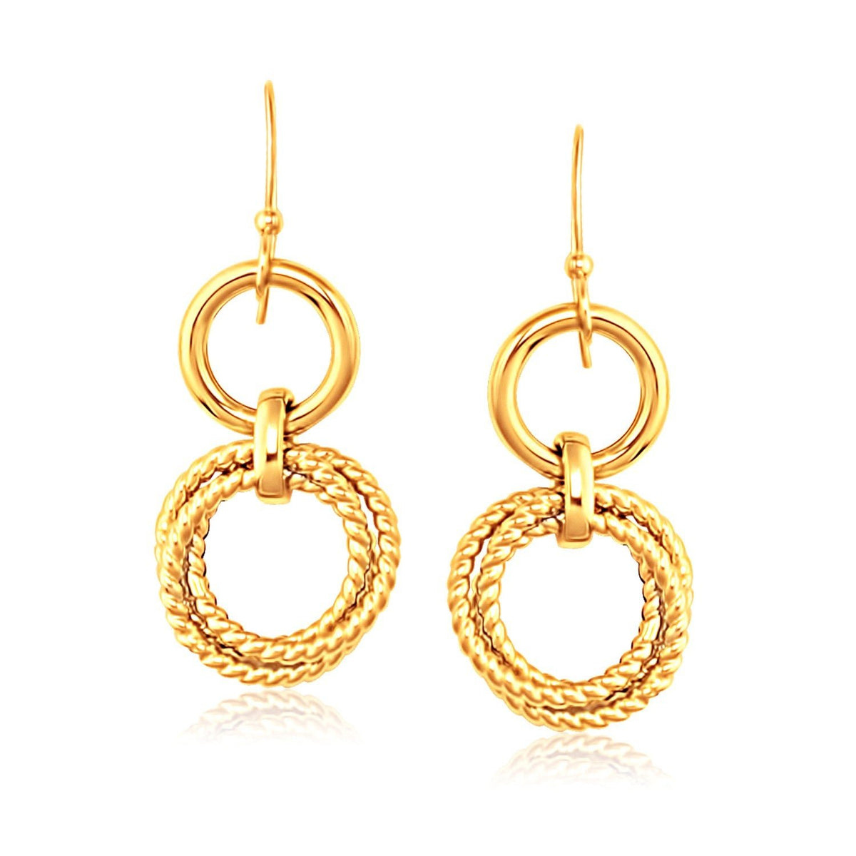 14k Yellow Gold Two - Layer Earrings with Polished and Textured Round Motifs - LinkagejewelrydesignLinkagejewelrydesign