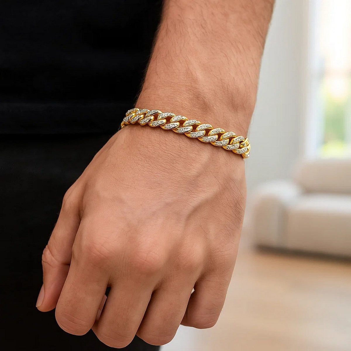 14k Yellow Gold White Pave High Polish Modern Lite Miami Cuban Bracelet (6.50 mm) - LinkagejewelrydesignLinkagejewelrydesign