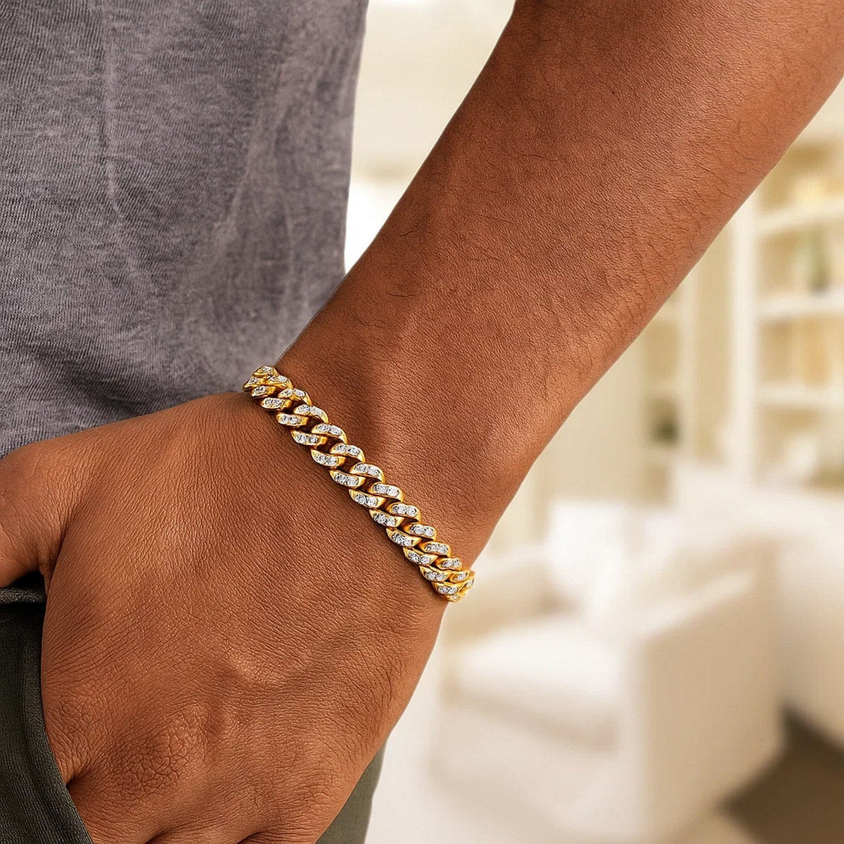 14k Yellow Gold White Pave High Polish Modern Lite Miami Cuban Bracelet (6.50 mm) - LinkagejewelrydesignLinkagejewelrydesign