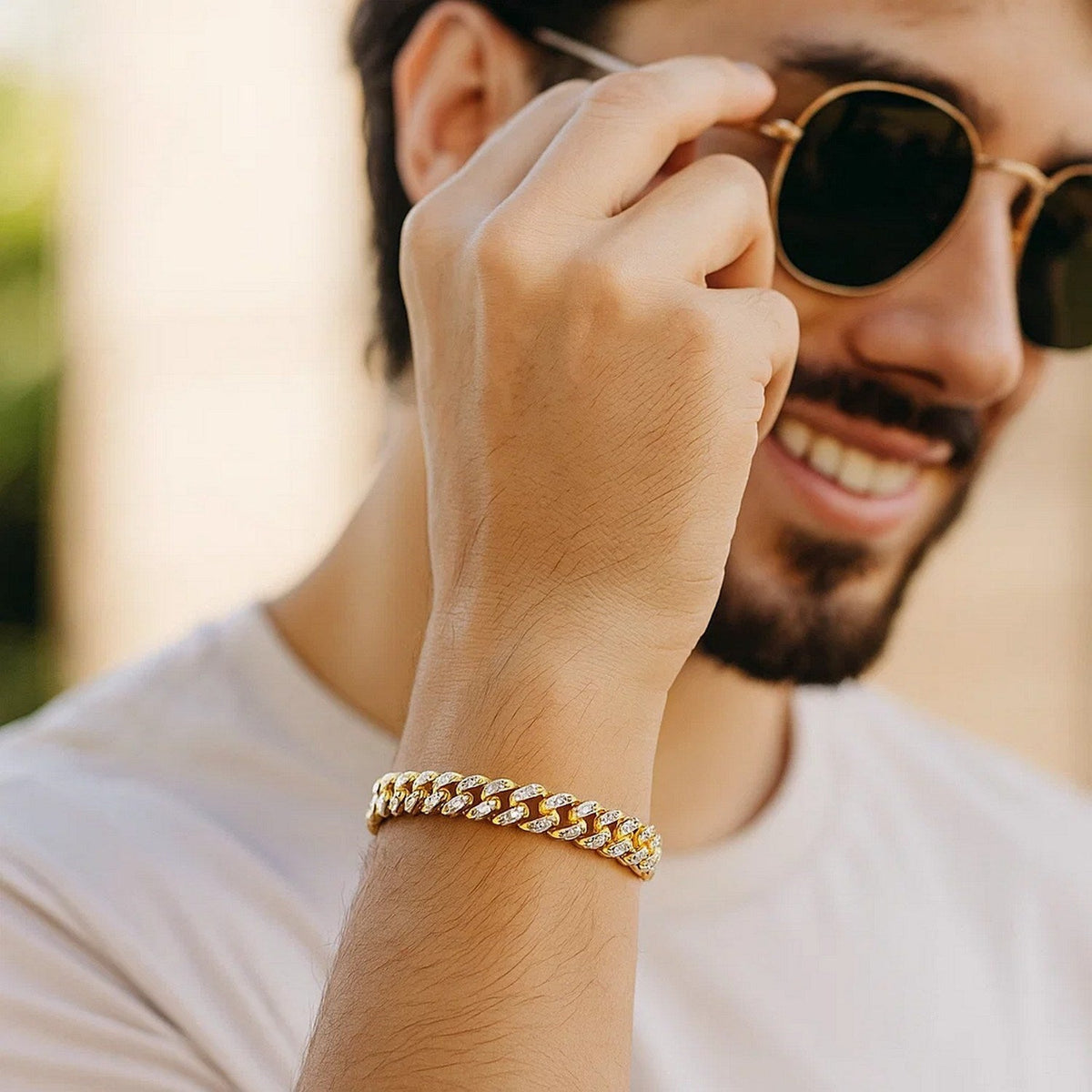 14k Yellow Gold White Pave High Polish Modern Lite Miami Cuban Bracelet (6.50 mm) - LinkagejewelrydesignLinkagejewelrydesign