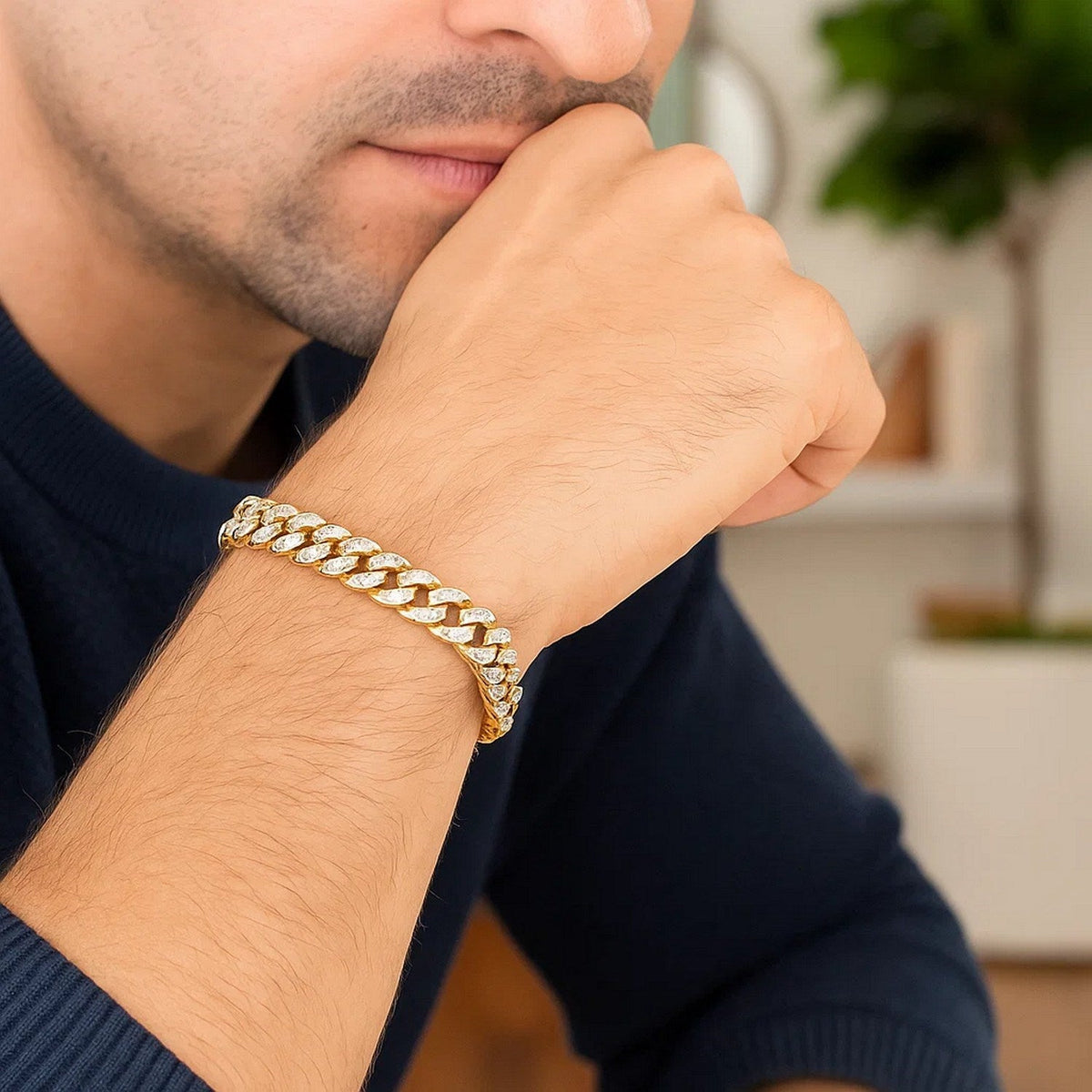 14k Yellow Gold White Pave High Polish Modern Lite Miami Cuban Bracelet (8.00 mm) - LinkagejewelrydesignLinkagejewelrydesign