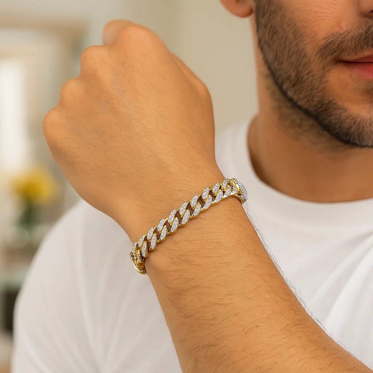 14k Yellow Gold White Pave High Polish Modern Lite Miami Cuban Bracelet (8.00 mm) - LinkagejewelrydesignLinkagejewelrydesign