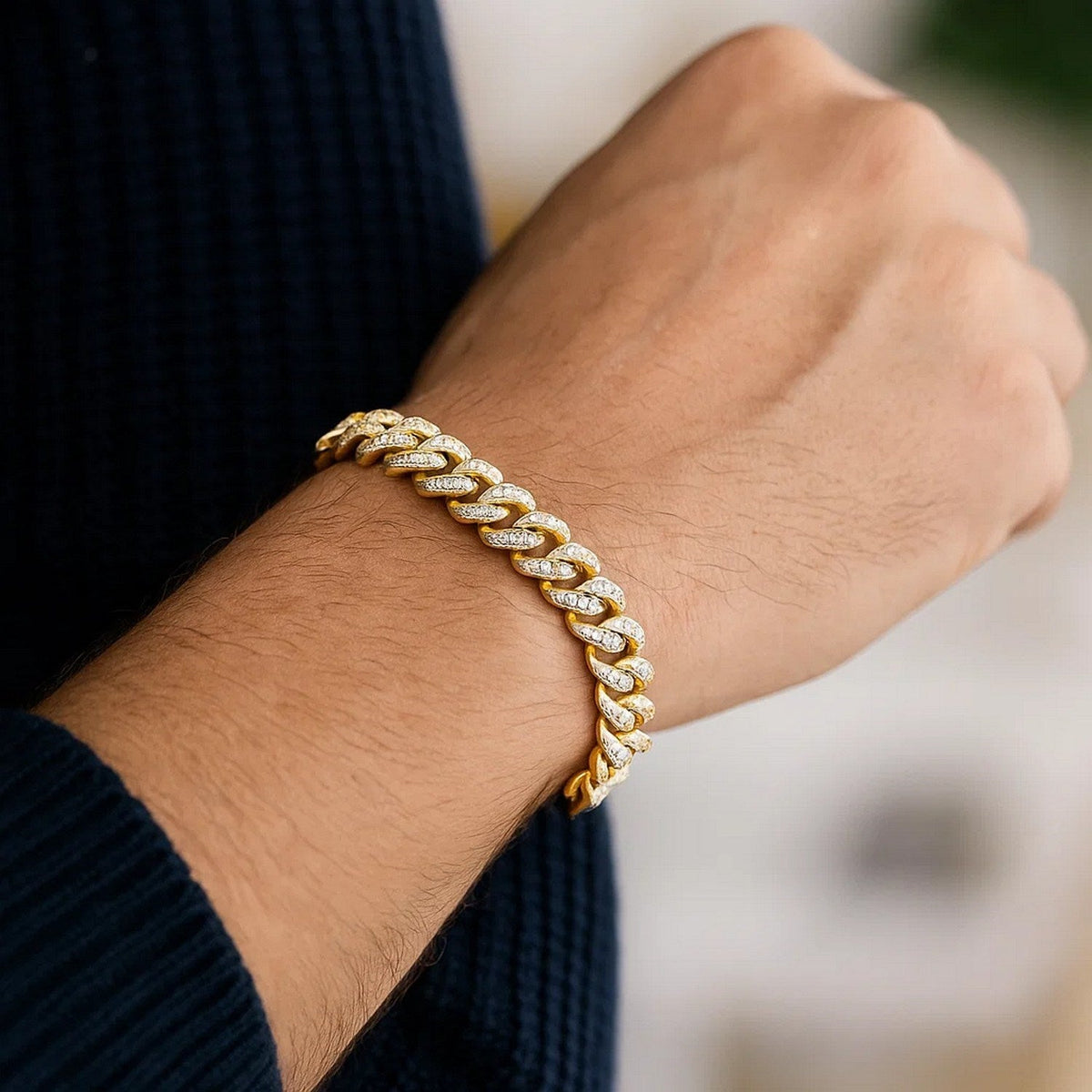 14k Yellow Gold White Pave High Polish Modern Lite Miami Cuban Bracelet (8.00 mm) - LinkagejewelrydesignLinkagejewelrydesign