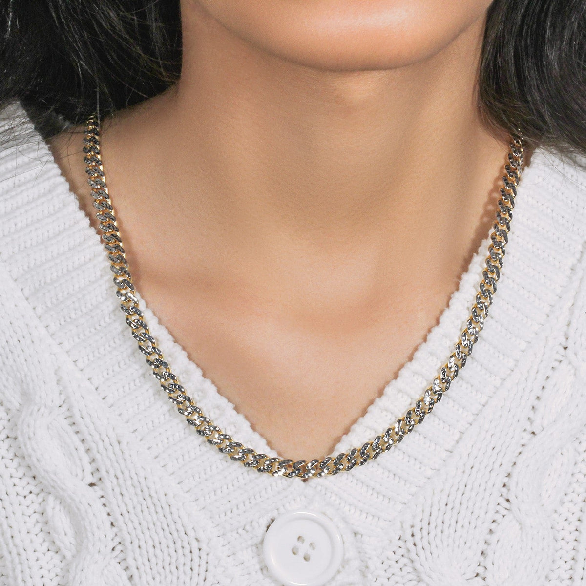 14k Yellow Gold White Pave High Polish Modern Lite Miami Cuban Chain (6.50 mm) - LinkagejewelrydesignLinkagejewelrydesign