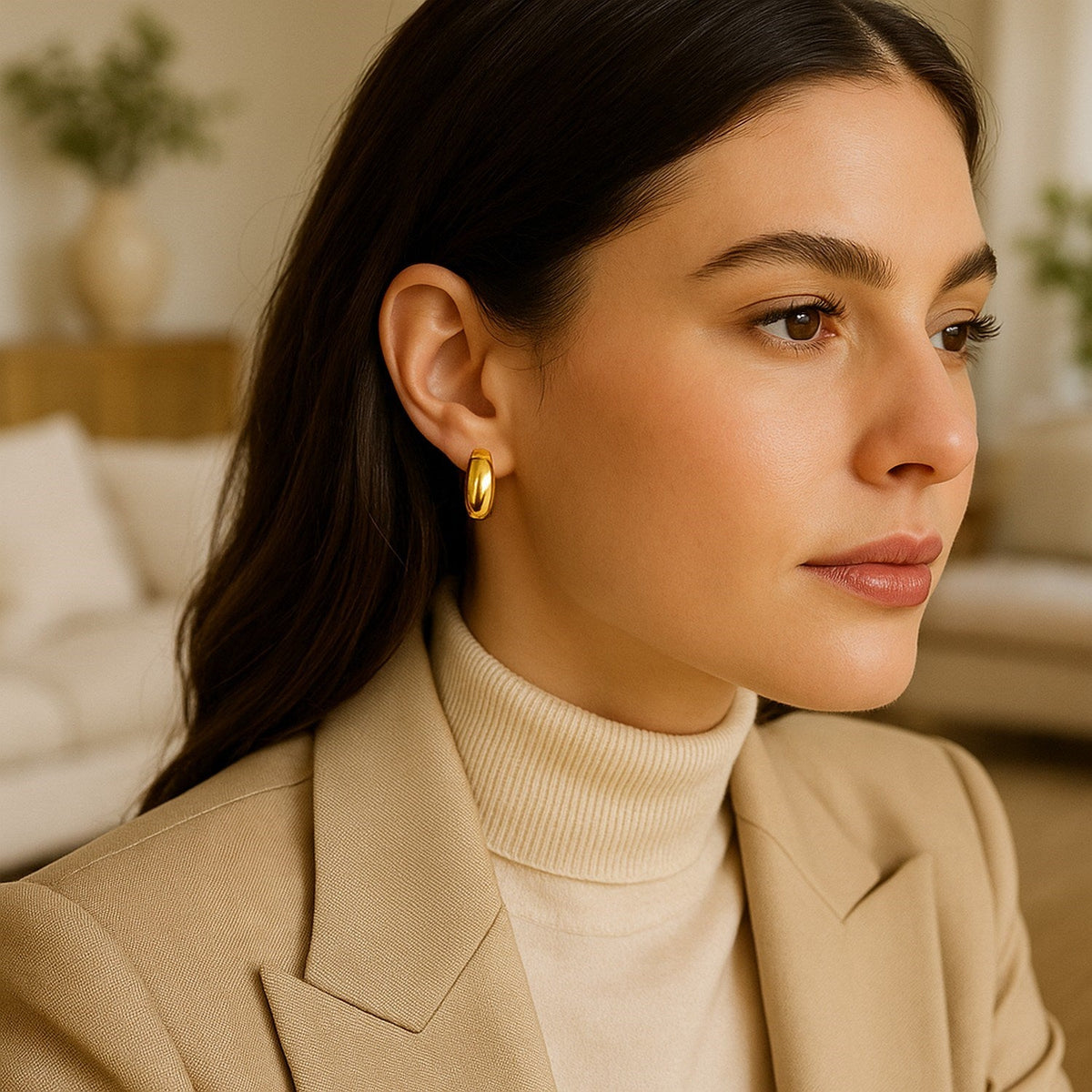14k Yellow Gold Wide Medium Hoop Earrings with Snap Lock - LinkagejewelrydesignLinkagejewelrydesign