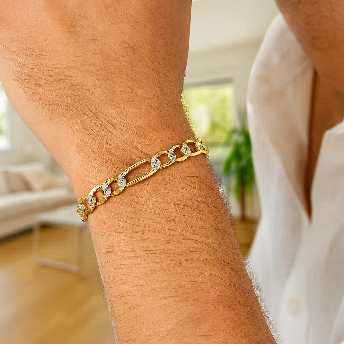 14K Yellow Two Tone Solid Pave Figaro Bracelet (7.00 mm) - LinkagejewelrydesignLinkagejewelrydesign