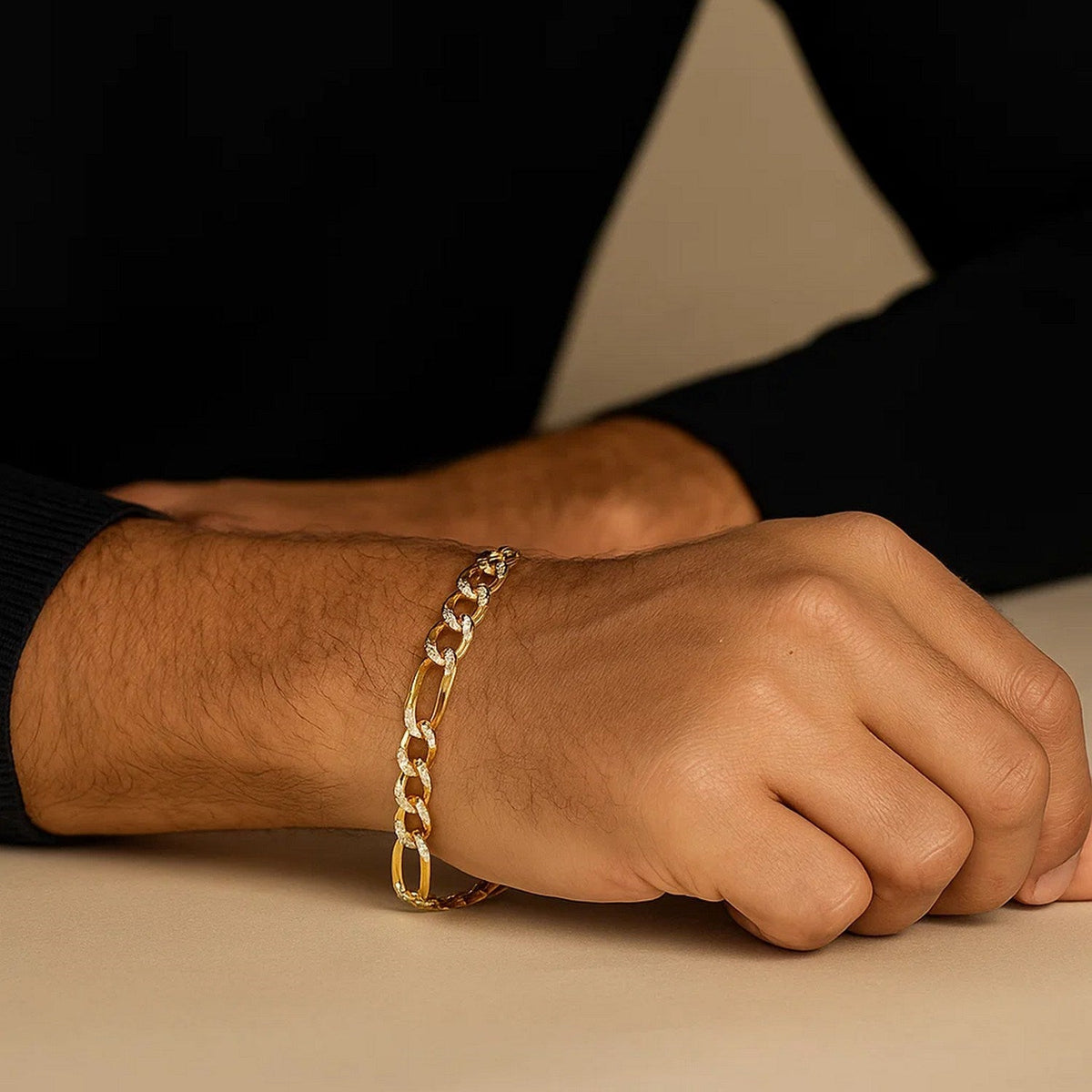14K Yellow Two Tone Solid Pave Figaro Bracelet (7.00 mm) - LinkagejewelrydesignLinkagejewelrydesign