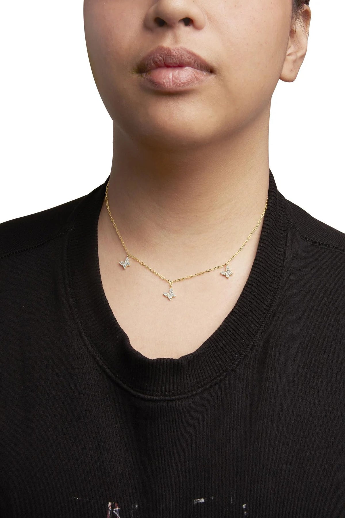 14KT Yellow Gold 1/2 Cttw Diamond Butterfly Station Paperclip Station Necklace (I - J Color, I1 - I2 Clarity) - Adjustable 15" - 17" Inches - LinkagejewelrydesignLinkagejewelrydesign