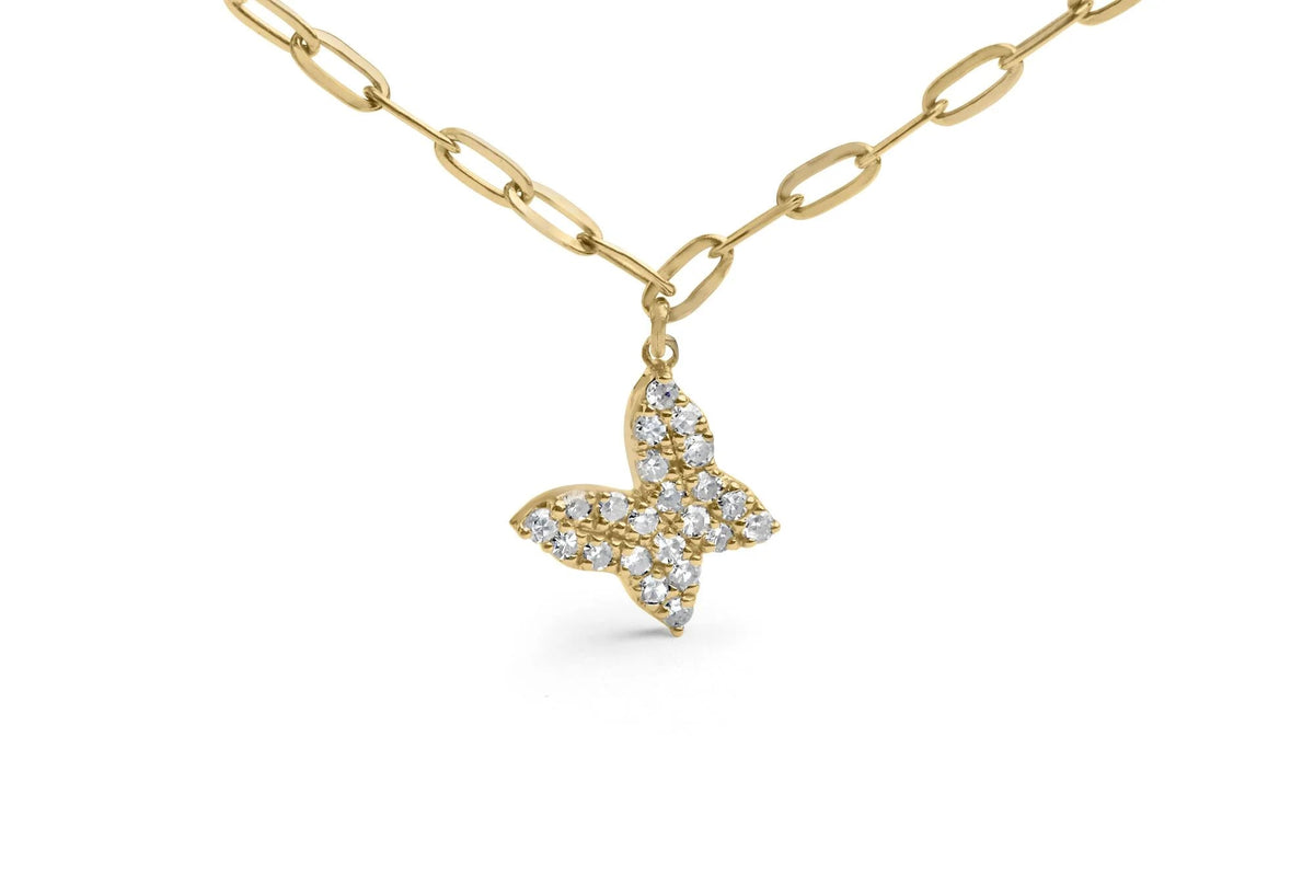 14KT Yellow Gold 1/2 Cttw Diamond Butterfly Station Paperclip Station Necklace (I - J Color, I1 - I2 Clarity) - Adjustable 15" - 17" Inches - LinkagejewelrydesignLinkagejewelrydesign