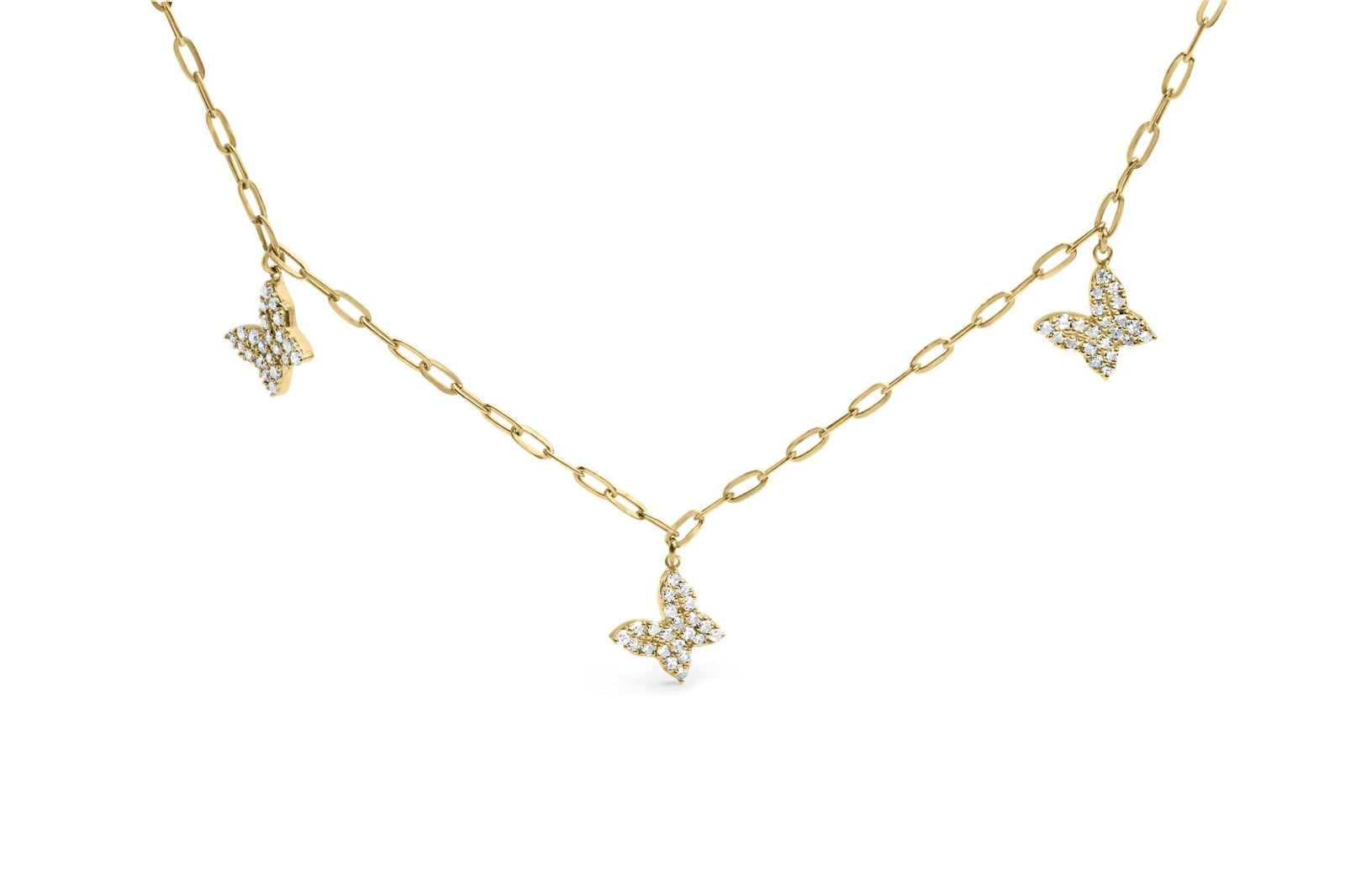 14KT Yellow Gold 1/2 Cttw Diamond Butterfly Station Paperclip Station Necklace (I - J Color, I1 - I2 Clarity) - Adjustable 15" - 17" Inches - LinkagejewelrydesignLinkagejewelrydesign