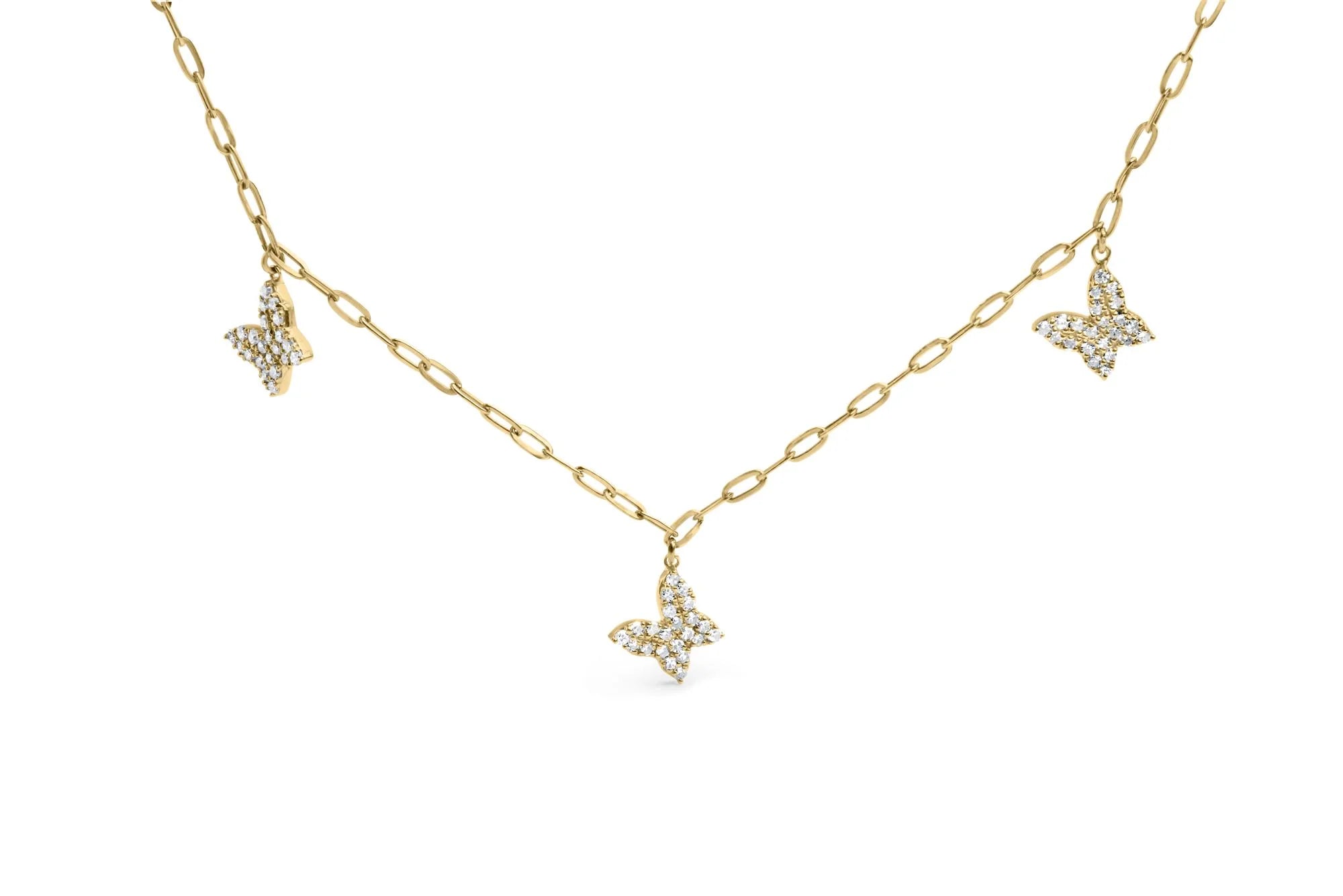 14KT Yellow Gold 1/2 Cttw Diamond Butterfly Station Paperclip Station Necklace (I - J Color, I1 - I2 Clarity) - Adjustable 15" - 17" Inches - LinkagejewelrydesignLinkagejewelrydesign