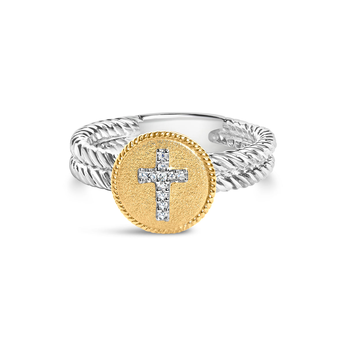 18K Yellow Gold Plated .925 Sterling Silver Diamond Cross Ring with Satin Finish (I-J Color, SI1-SI2 Clarity) - Ring Size 7