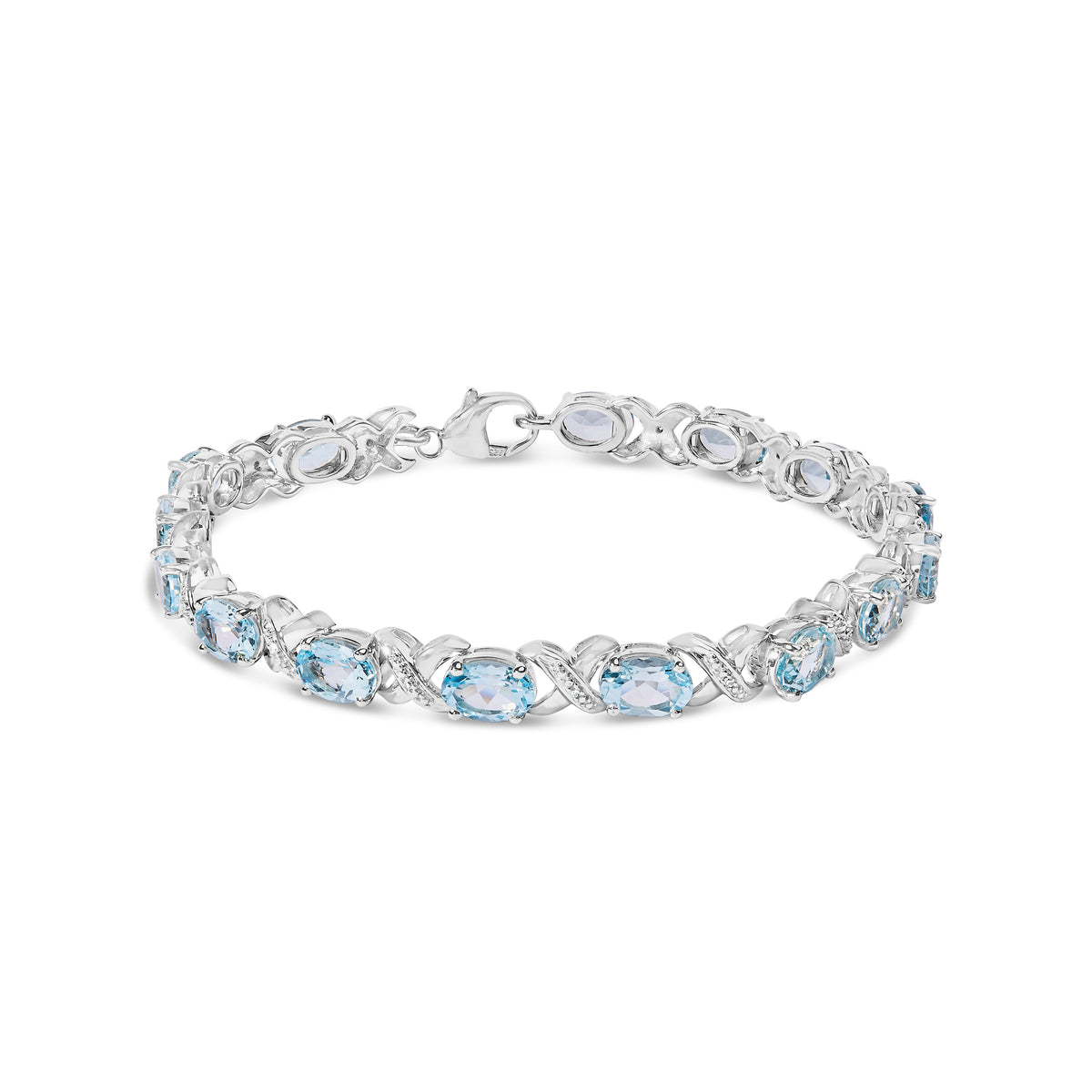 .925 Sterling Silver 16.0 Cttw Oval Blue Topaz and Diamond Accent Tennis X Link Bracelet (I-J Color, I1-I2 Clarity) - Size 7&quot; Inch