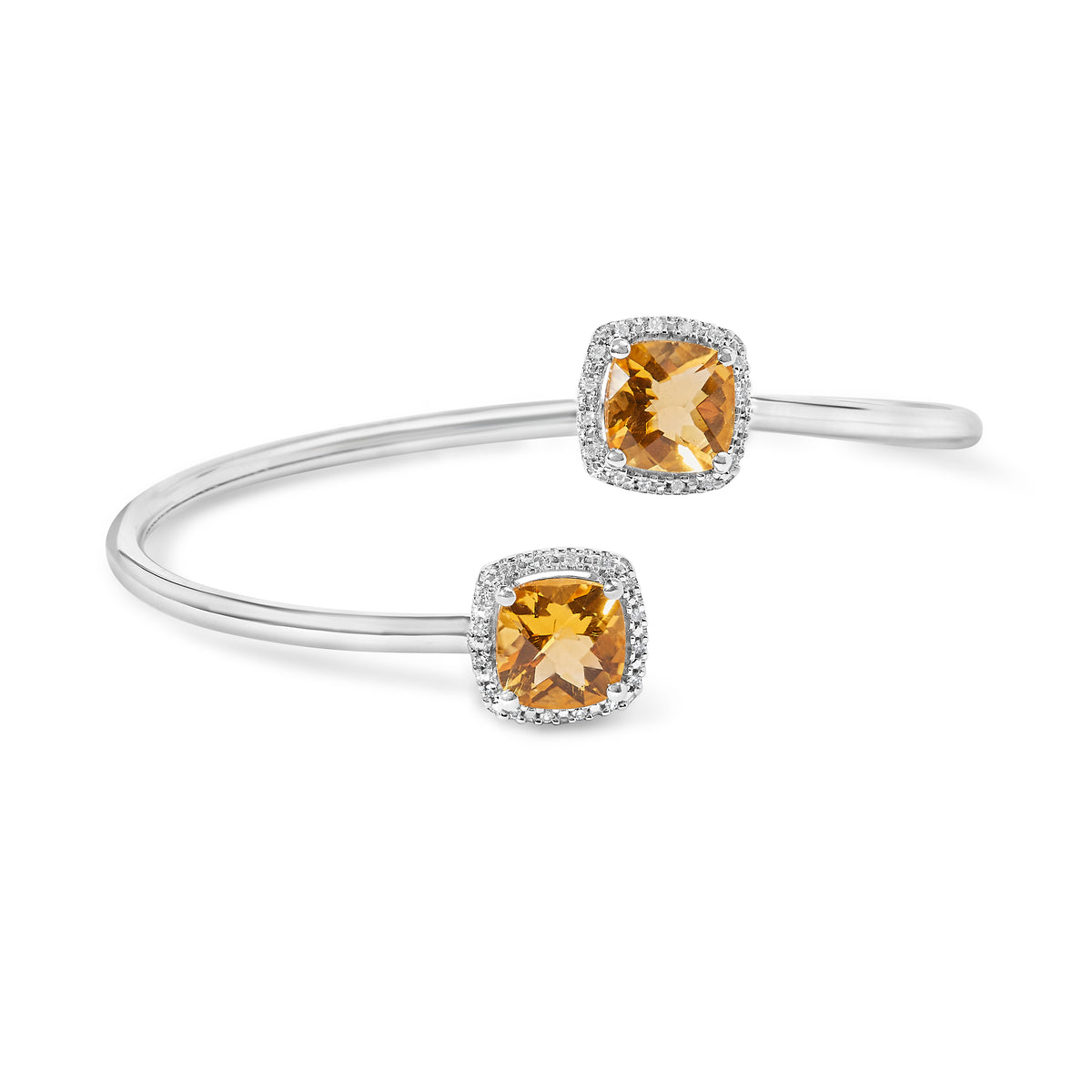 .925 Sterling Silver 8mm Cushion Cut Yellow Citrine Gemstone and Diamond Accent Split Bypass Bangle Bracelet (H-I Color, SI1-SI2 Clarity)  - Fits up to 7.75&quot; Inches