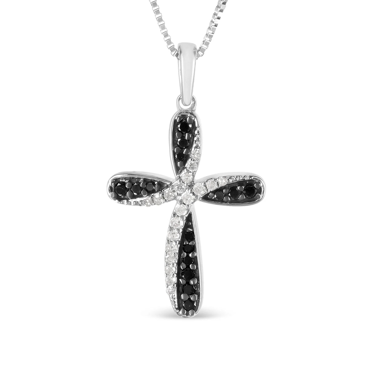 .925 Sterling Silver 1/4 Cttw Alternating Black and White Diamond Intertwining Ribbon Weave Cross 18&quot; Pendant Necklace (Black/I-J Color, I2-I3 Clarity)