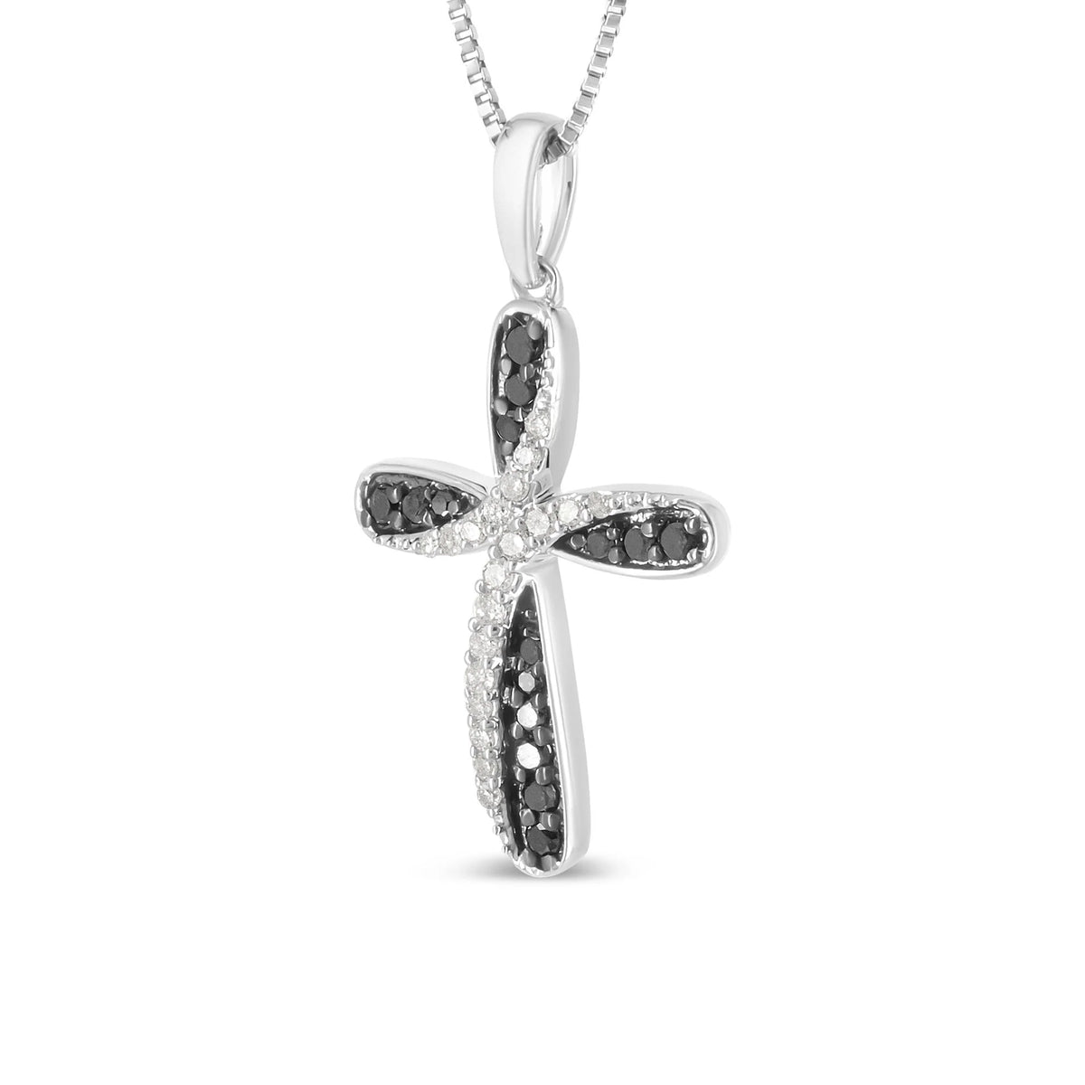 .925 Sterling Silver 1/4 Cttw Alternating Black and White Diamond Intertwining Ribbon Weave Cross 18&quot; Pendant Necklace (Black/I-J Color, I2-I3 Clarity)