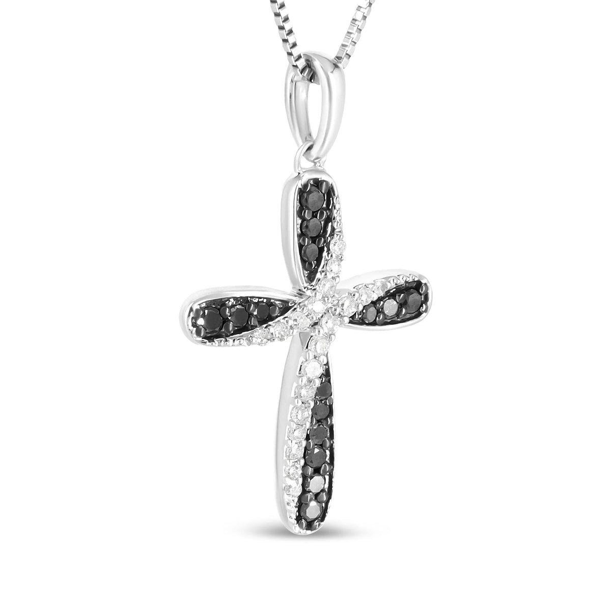 .925 Sterling Silver 1/4 Cttw Alternating Black and White Diamond Intertwining Ribbon Weave Cross 18&quot; Pendant Necklace (Black/I-J Color, I2-I3 Clarity)