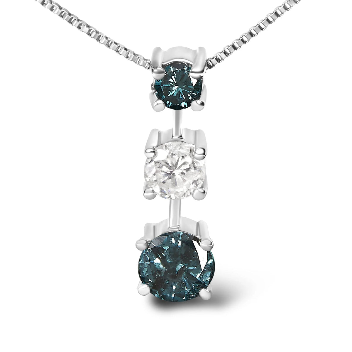 14K White Gold 1 1/2 Cttw Treated Blue and White Diamond 3-Stone 18&quot; Pendant Necklace (Blue/H-I Color, I1-I2 Clarity)