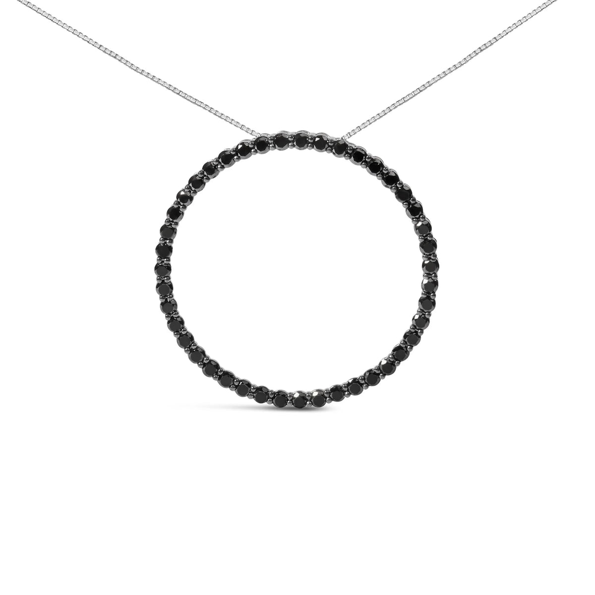 .925 Sterling Silver 3.0 Cttw Black Diamond Open Hoop Circle 18&quot; Pendant Necklace (Black Color, I2-I3 Clarity)