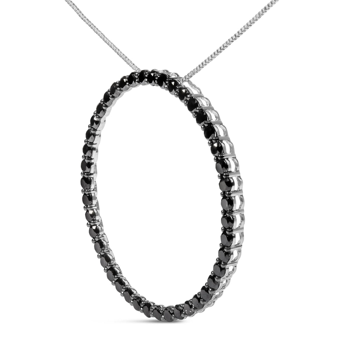 .925 Sterling Silver 3.0 Cttw Black Diamond Open Hoop Circle 18&quot; Pendant Necklace (Black Color, I2-I3 Clarity)