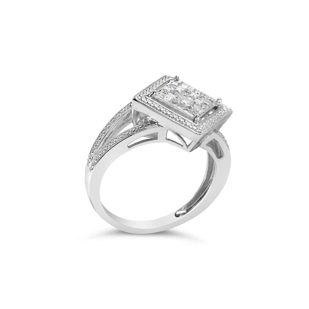 .925 Sterling Silver 1/3 Cttw Invisible Set Princess-Cut Diamond Rhombus and Beaded Halo Ring (H-I Color, SI1-SI2 Clarity)