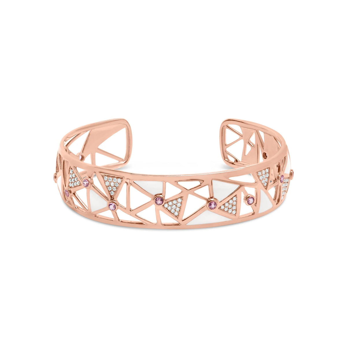 14K Rose Gold 5/8 Cttw Diamond with Pink Tourmaline Open Cuff Bangle with White Enamel (G-H Color, SI1-SI2 Clarity) - 7&quot;