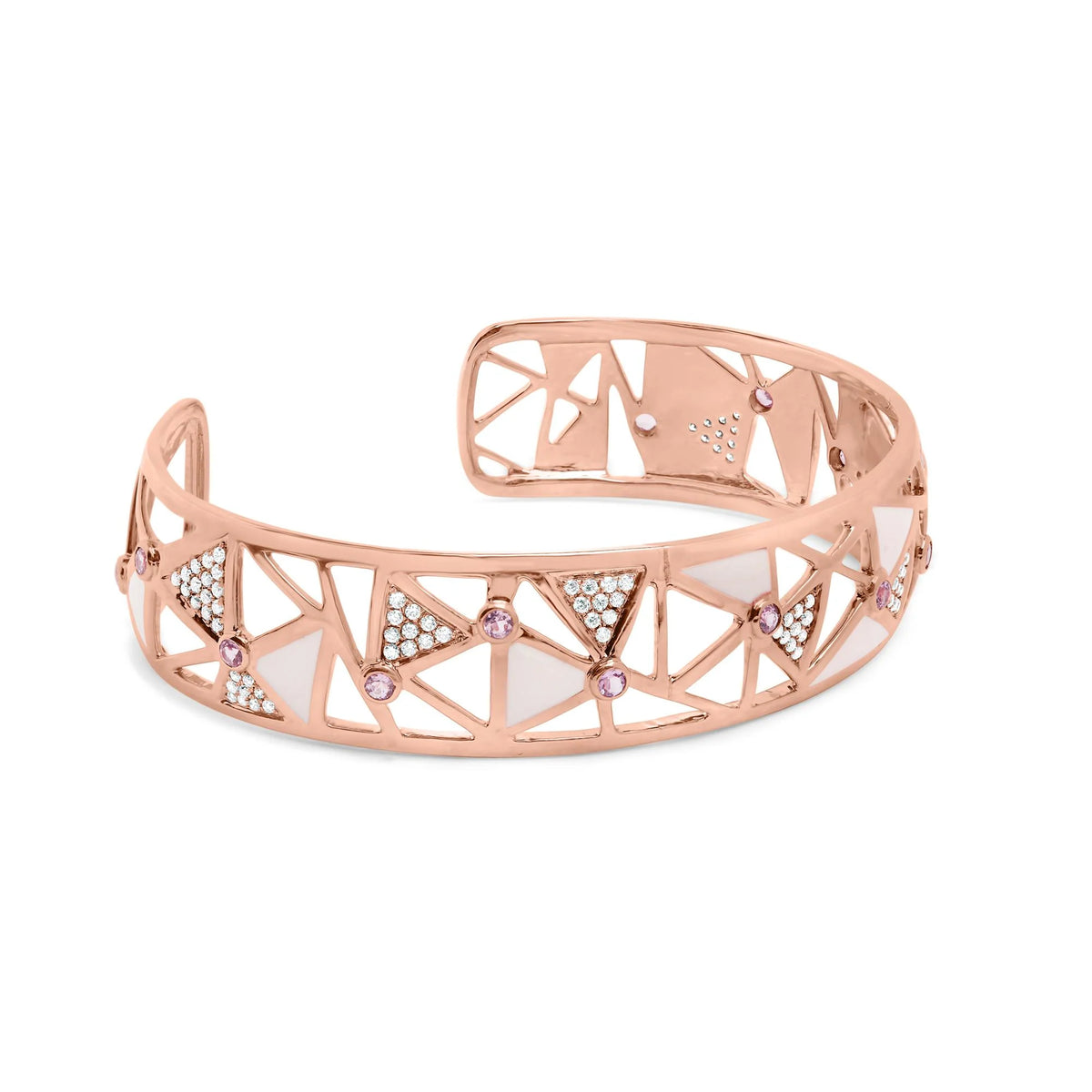 14K Rose Gold 5/8 Cttw Diamond with Pink Tourmaline Open Cuff Bangle with White Enamel (G-H Color, SI1-SI2 Clarity) - 7&quot;